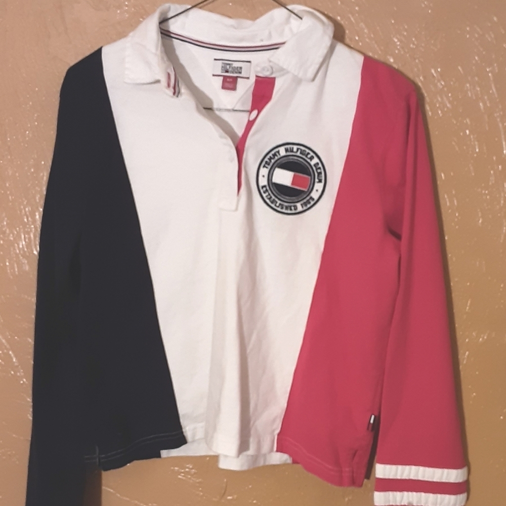 TOMMY HILFIGER WOMEN'S WHITE BLUE AND RED LONG SLEEVE SHIRT SIZE  S/P